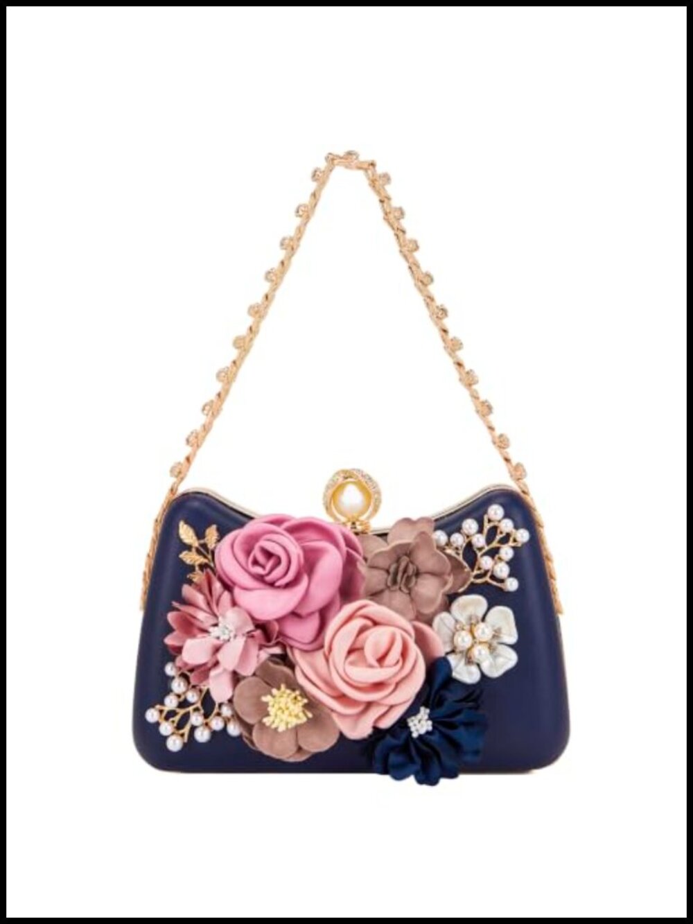 Floral Pearl Clutch Purse Gold Chain Evening Bag Wristlet Bridal